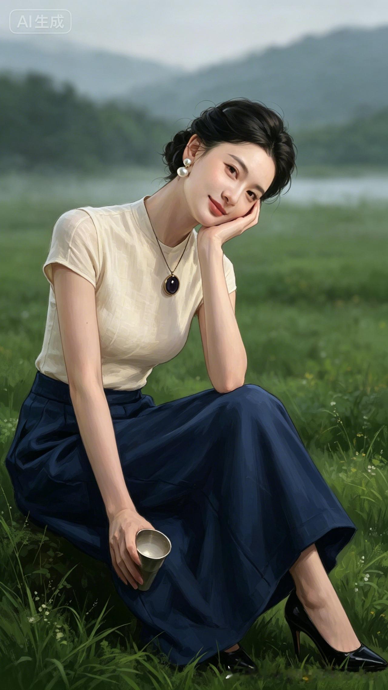 温婉东方女性拥有曼妙沙漏身段，米白亚麻上衣配藏青阔腿裤飘逸大气，配饰点睛，置身朦