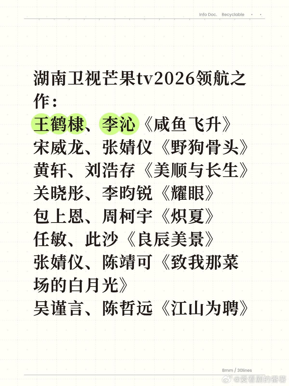 湖南卫视芒果tv2026领航之作：王鹤棣、李沁《咸鱼飞升》宋威龙、张婧仪《野狗骨