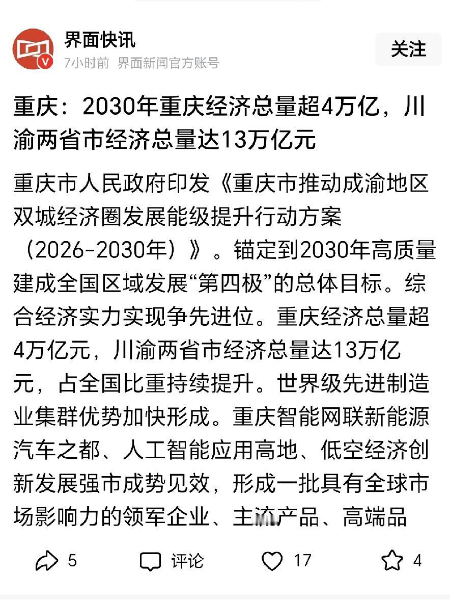 如果重庆没直辖，那大四川绝对算是经济强省，到2030年，就能达到13万亿，相当于