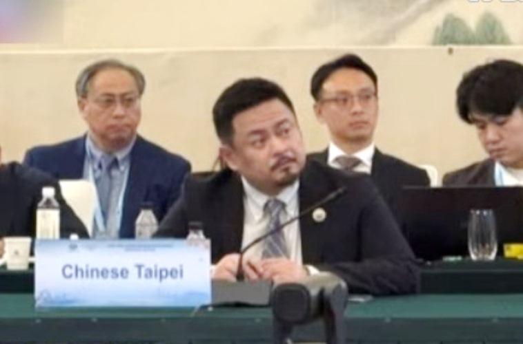 民进党高官洪申翰南京出席会议，桌牌有写着“Chinese　Taipei”，青鸟要