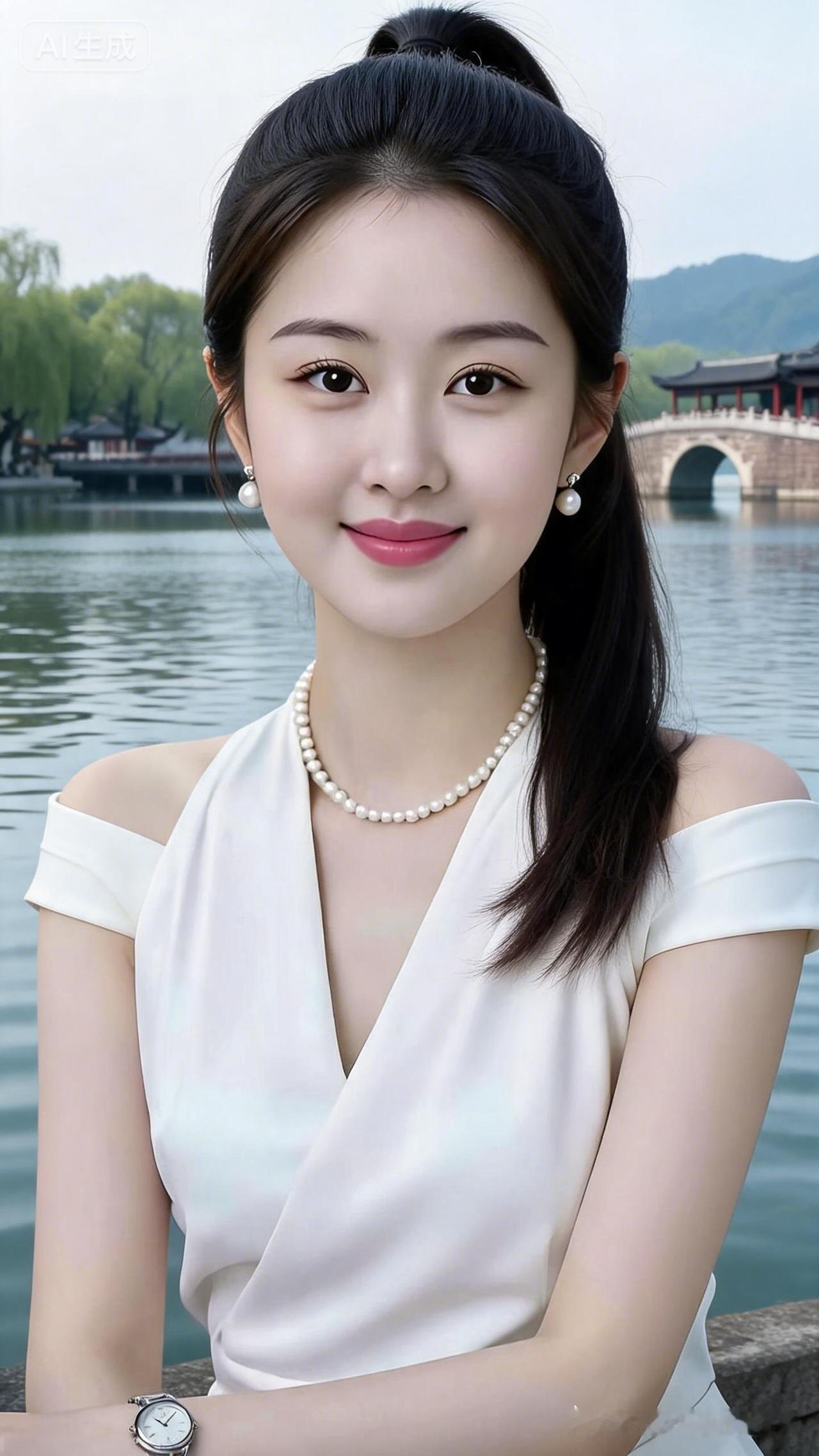 西湖畔半身正面高清写真，现代气质美女扎起长发，身着紧身无袖露肩衫，神态友善天真纯