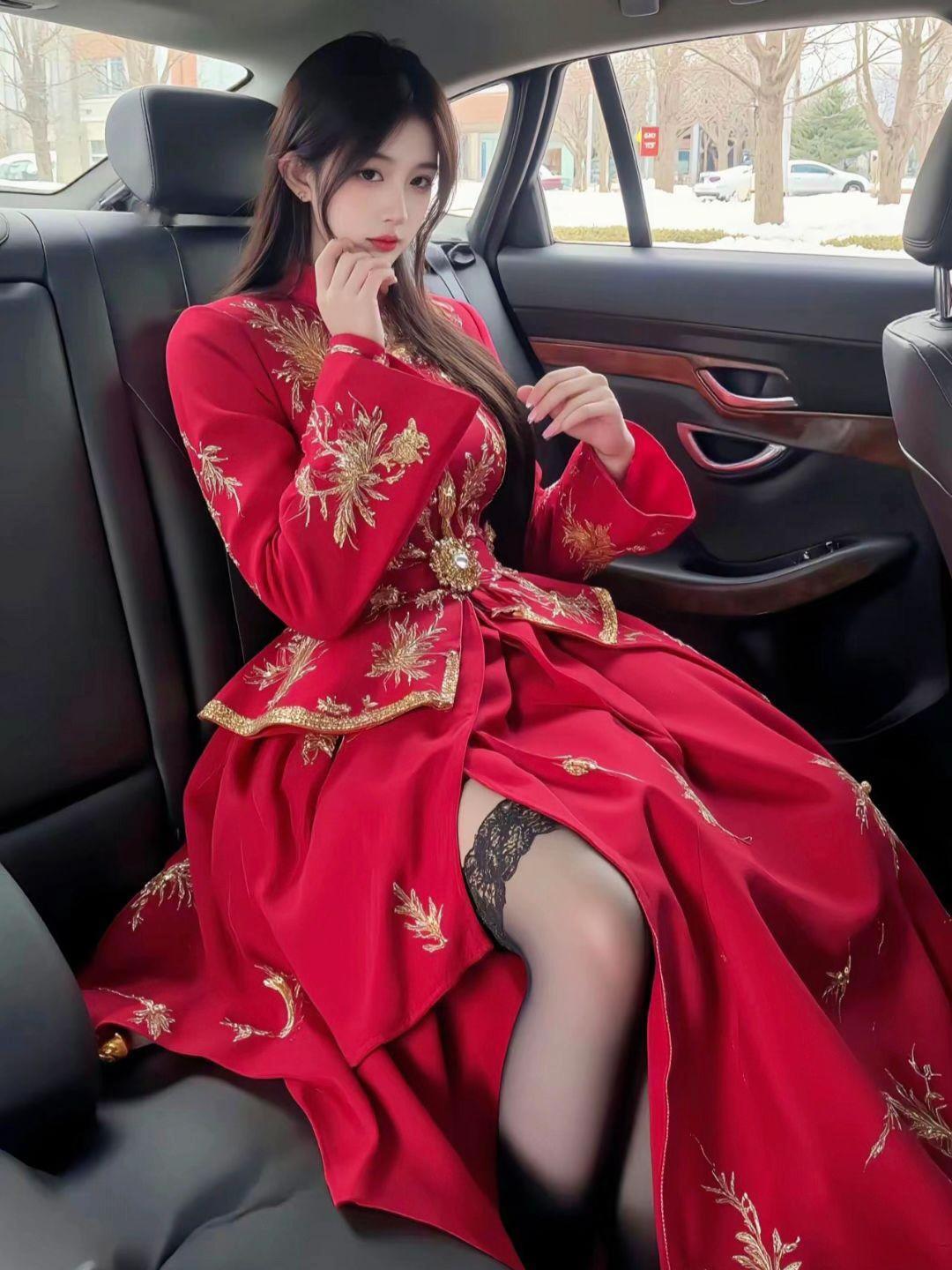 中国红，复古风，美丽又漂亮中国红红色中国风时尚中国红套装