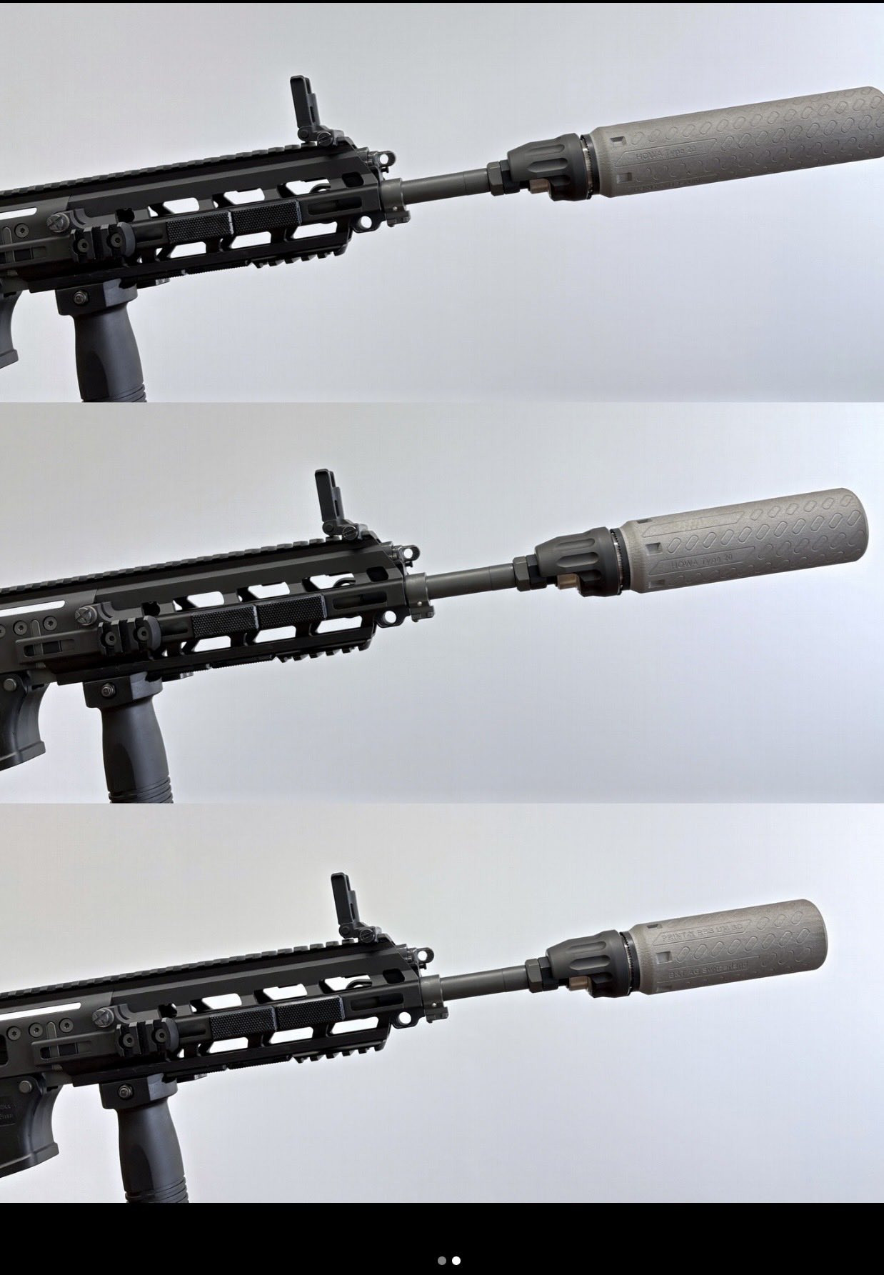 日本自卫队20式突击步枪配备的三种消音器，消音器根据长度不同，其性能也有所差异：