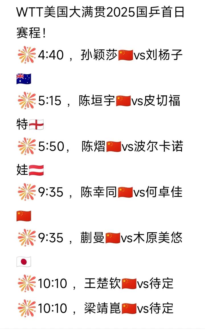 美国大满贯7月7日国乒赛程！WTT美国大满贯2025国乒首日赛程如图。国乒1