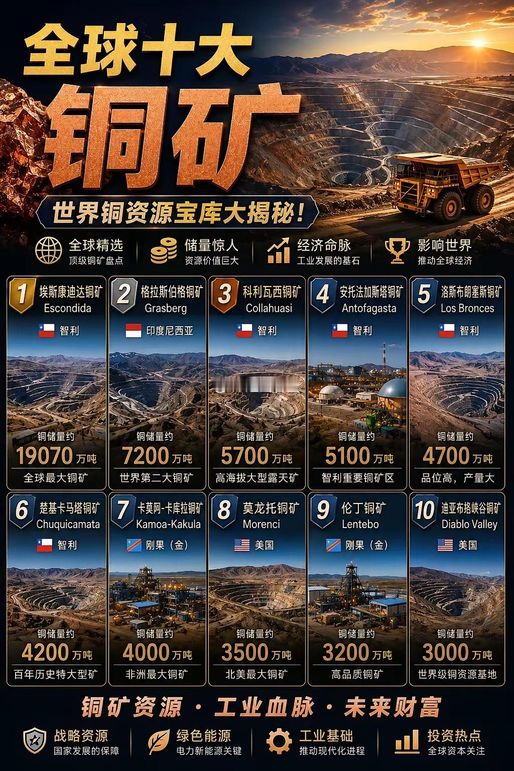 全球十大铜矿排名，第一名储量惊人！黄金是财富石油是能源而铜才是真正的工业血液从新