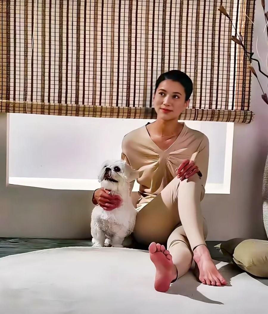52岁袁咏仪赤脚抱狗照片刷爆全网，你敢相信这松弛感不是演的？她随便一坐，背景竹