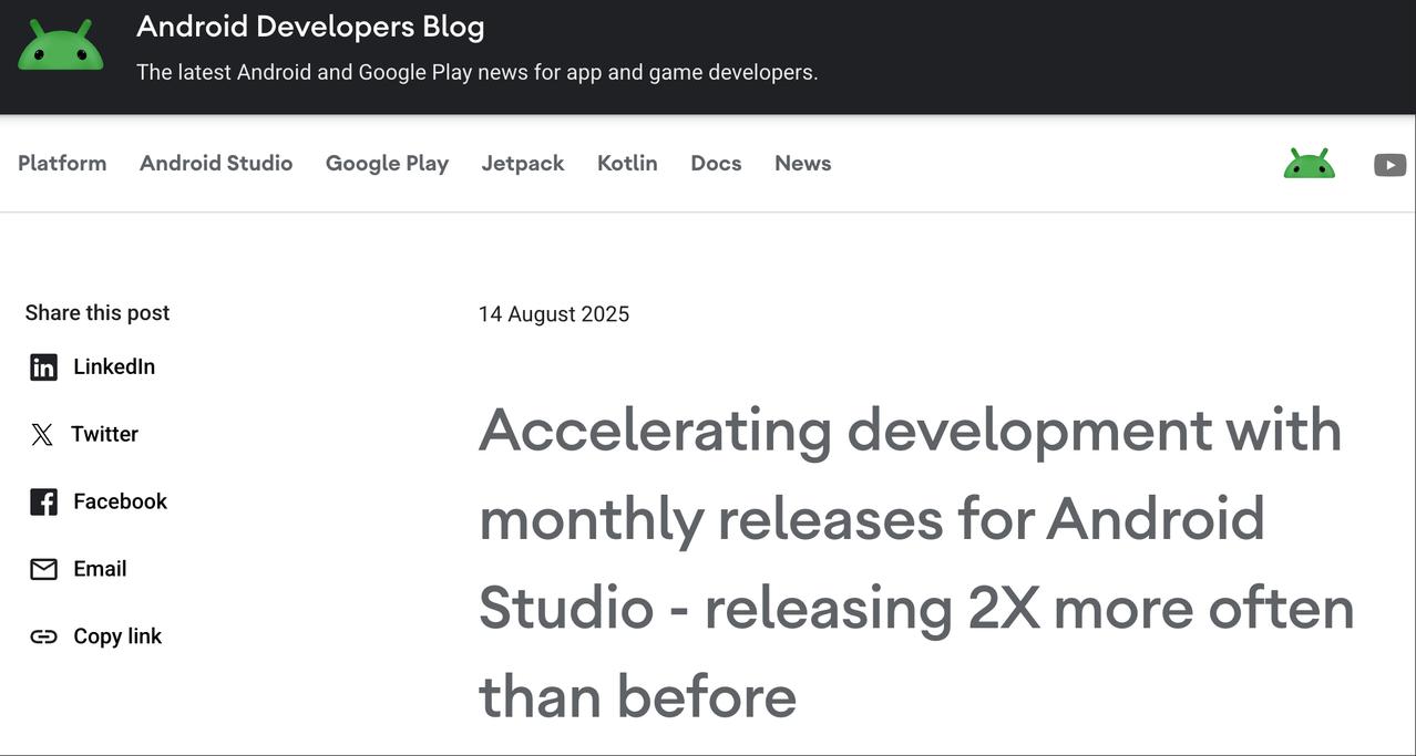 AndroidStudio推出“月更”策略：更新频率翻倍，每月上线稳定版