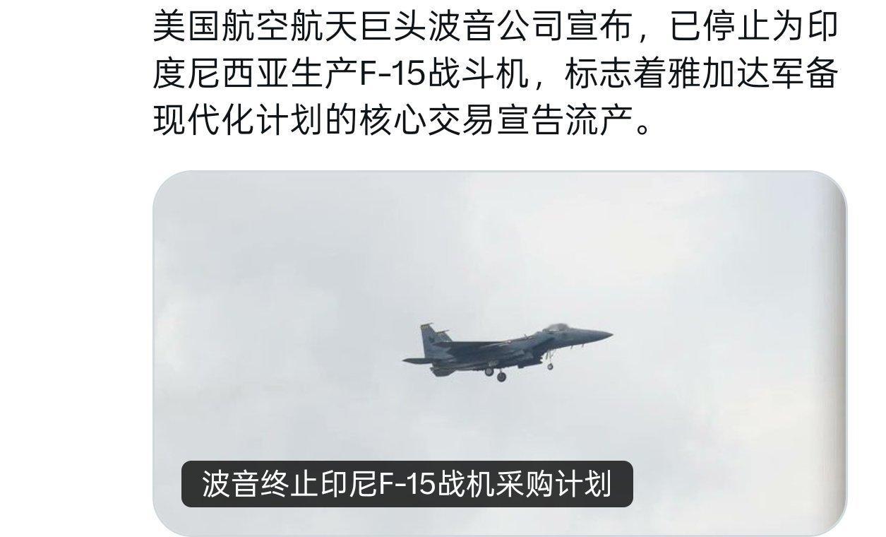 美国航空航天巨头波音公司宣布，已停止为印度尼西亚生产F-15战斗机。据路透社报道