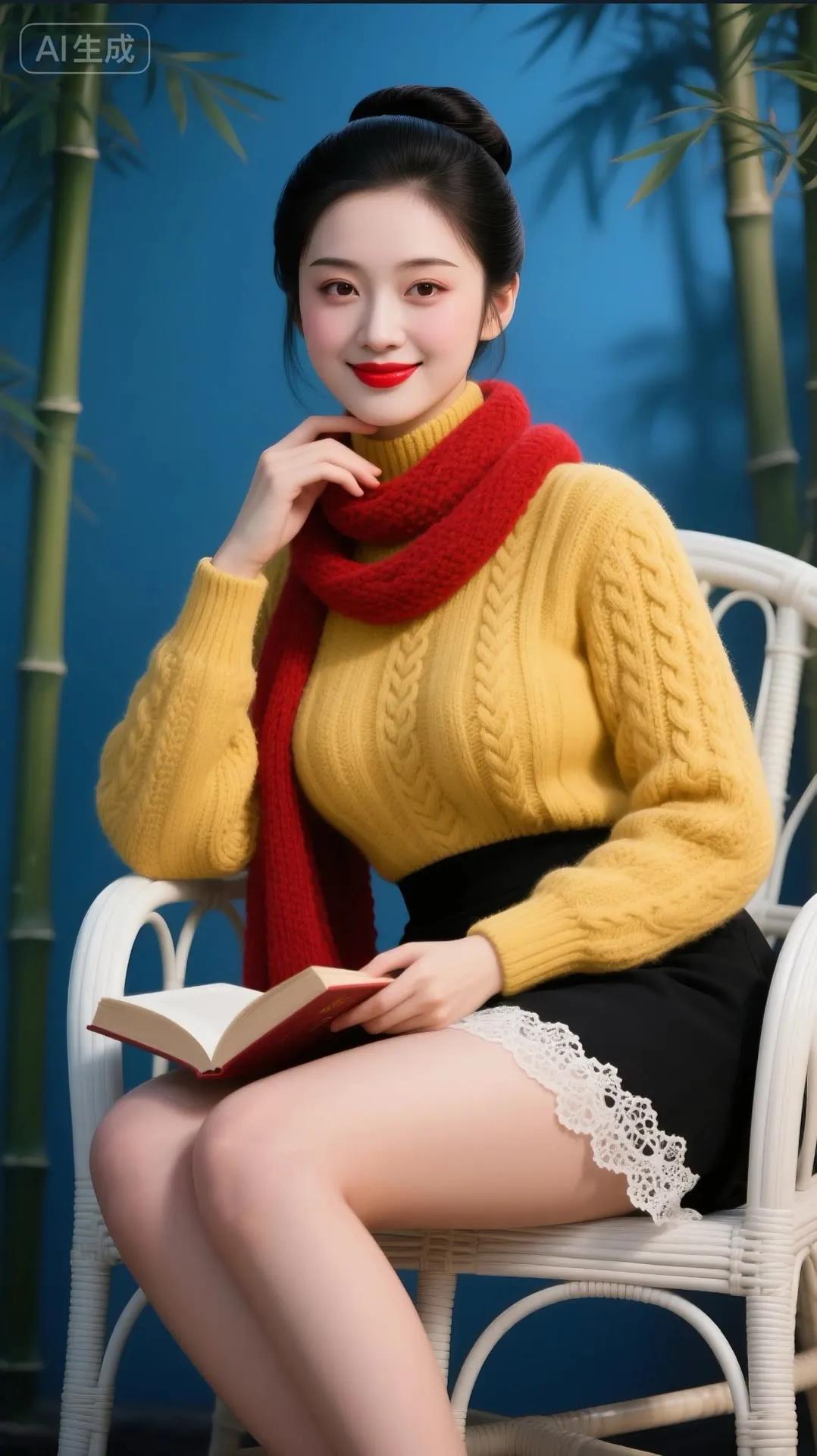 冬日暖阳下，红围巾与黄毛衣的温暖碰撞，静享阅读时光。📖🌞