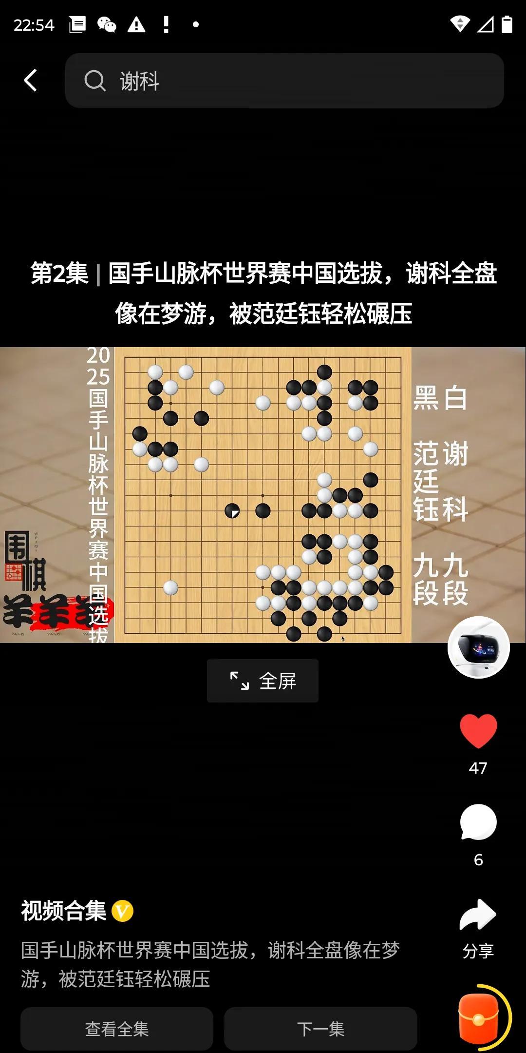 国手山脉杯围棋大赛，当然这个大赛，名气不大，好像也不算大赛吧？范廷钰对阵谢科。