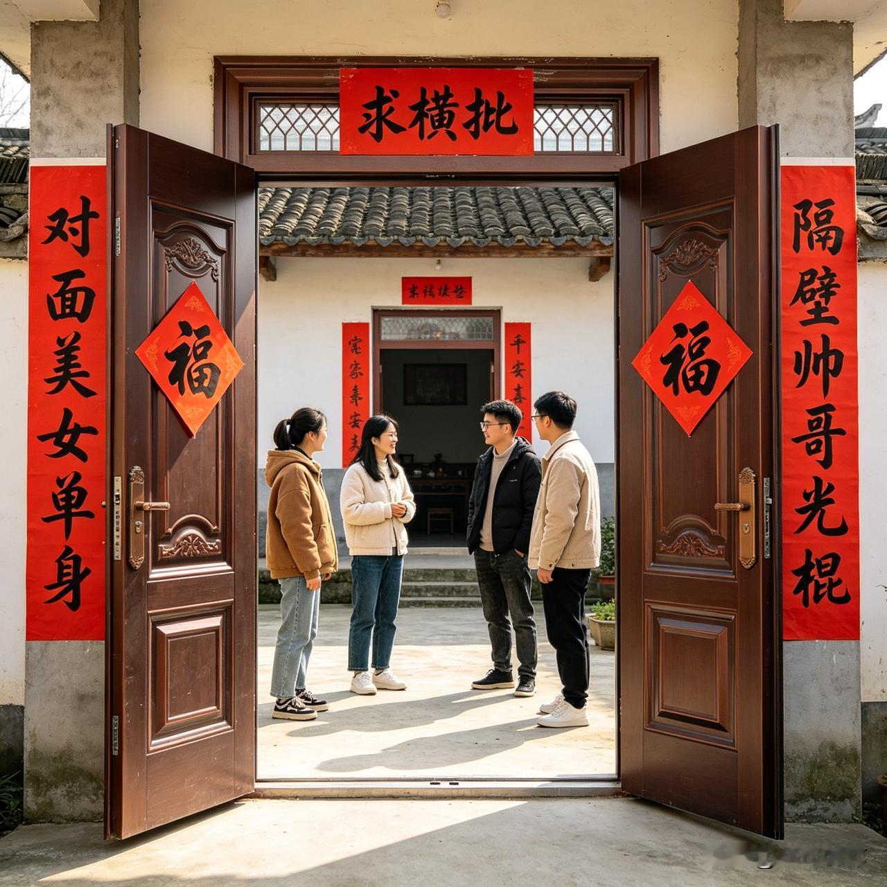 上联、下联均已出，诚邀各位赐横幅——上联“对面美女单身”，下联“隔壁帅哥光棍