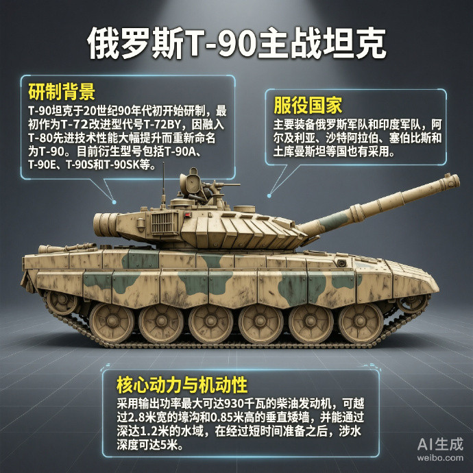 #军事ai新视野#俄罗斯T-90主战坦克T-90坦克是俄罗斯于20世纪90年代研制的主战坦克，199
