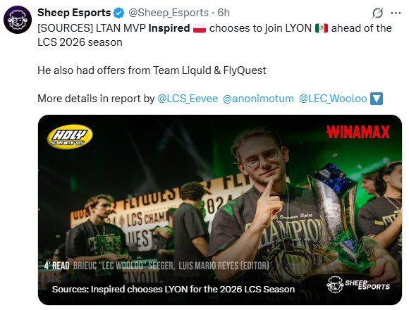 外媒爆料FlyQuest打野选手Inspired将于2026转会LYON，其中提