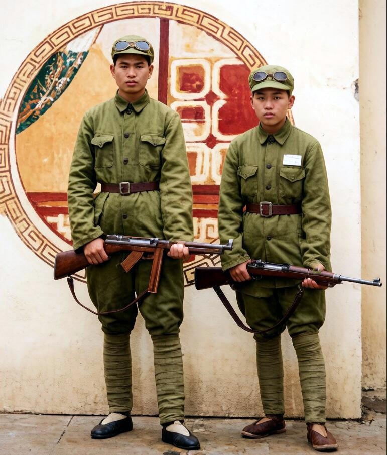 解放战争时期，两名年轻的战士在照相馆内的合影。他们身穿朴素的军装，军帽上别着