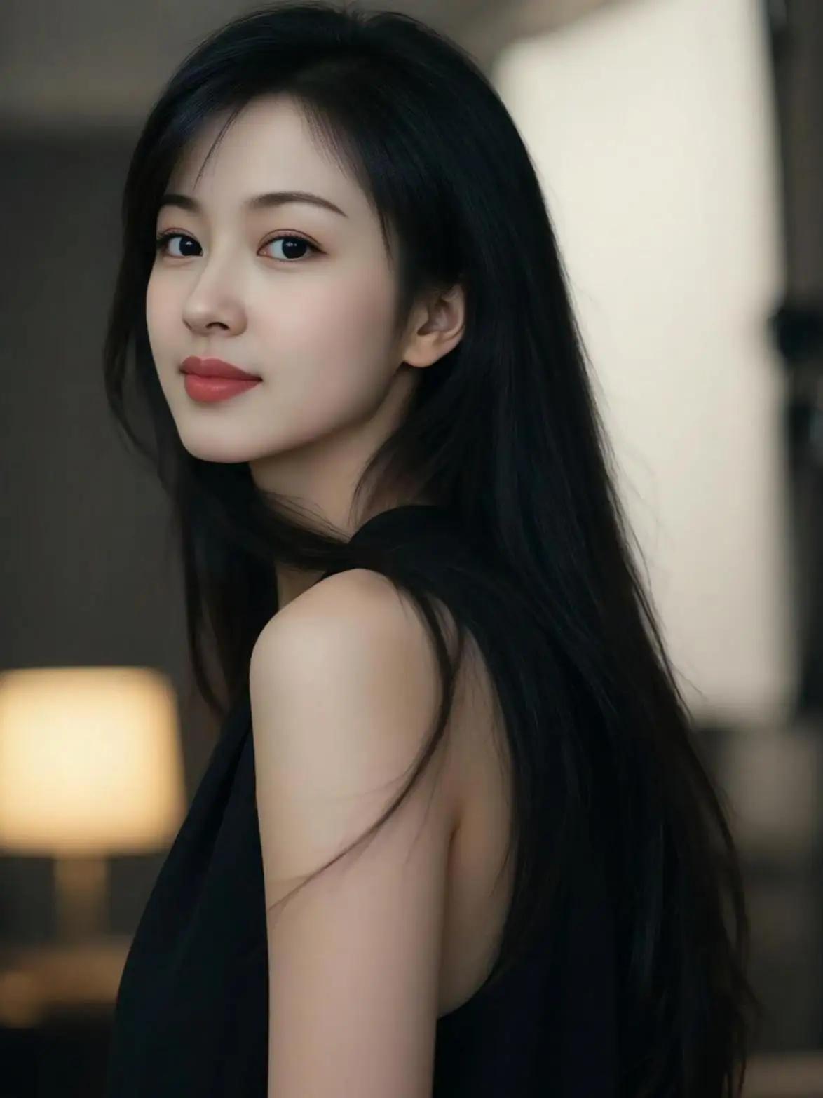 优雅黑发，红唇轻启，静谧时光里的动人瞬间。