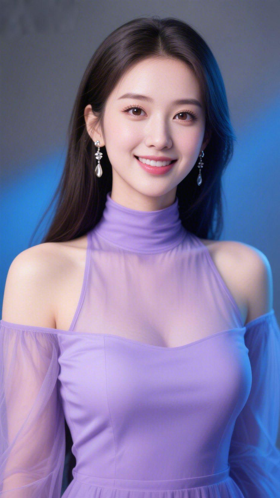 《紫纱裹着的柔蓝光》淡蓝柔光轻覆衣料，浅紫纱裙如浸了雾的春烟——高领衬出舒