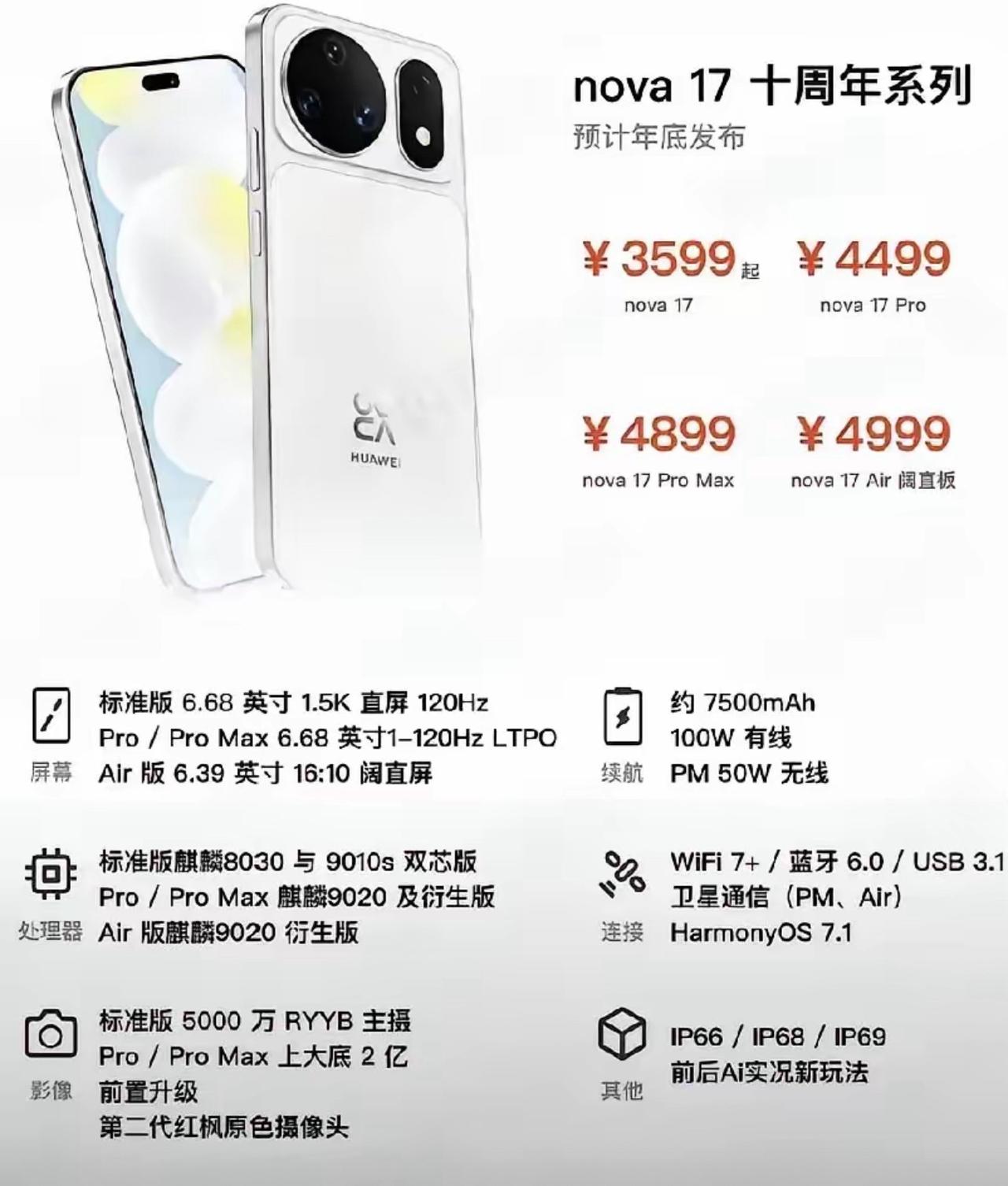 华为nova17十周年系列爆料！四款机型全覆盖，起售价3599华为nova