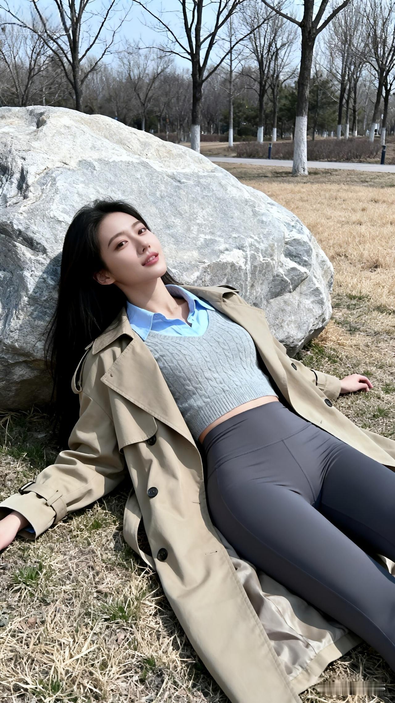 春日松弛感，是风衣的浪漫卡其色长款风衣，内搭浅蓝色衬衫+灰色针织马甲，灰色高腰