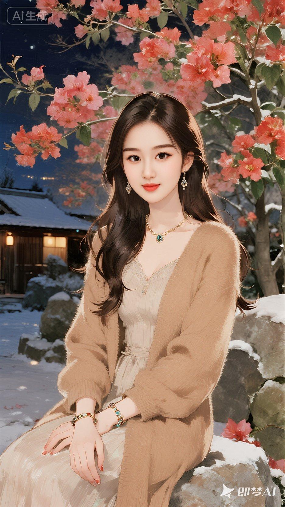 漂亮女孩，披肩长发，圆圆的月亮，皮肤细腻，她穿着浅咖色冬款长袖长裙，裙子。佩戴着