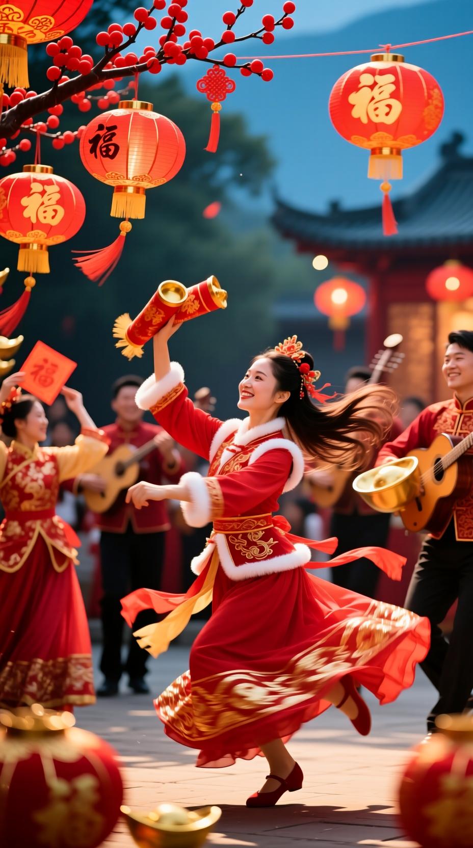 上句：张灯结彩送旧岁，盼请下联下联：载歌载舞迎新春