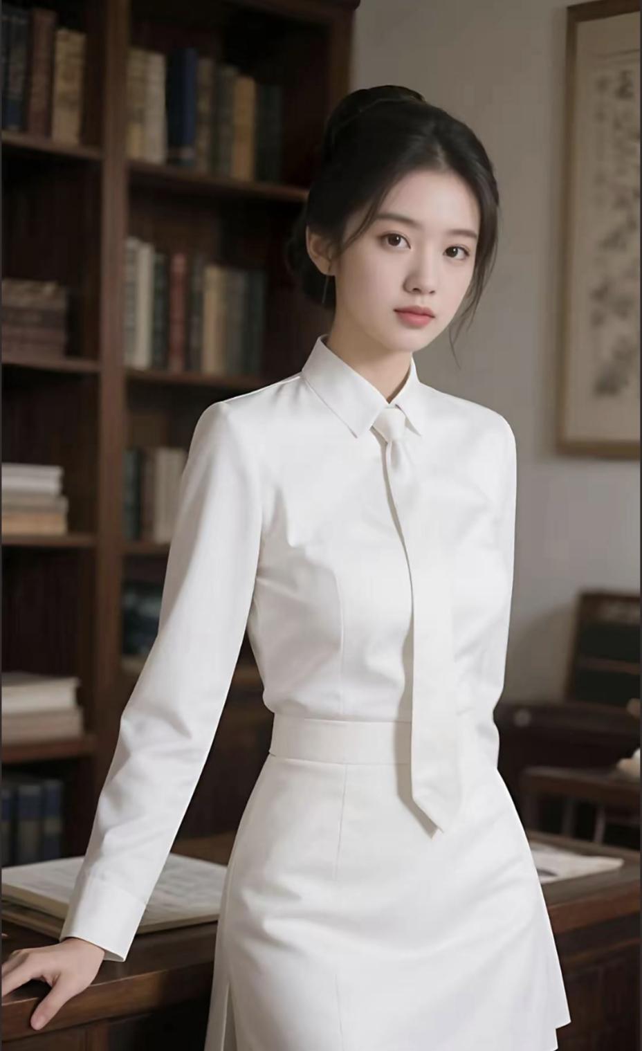 端庄清冷的书卷美人壁纸来啦📸一身简约白衣，置身雅致书房。干净高级、温柔又大