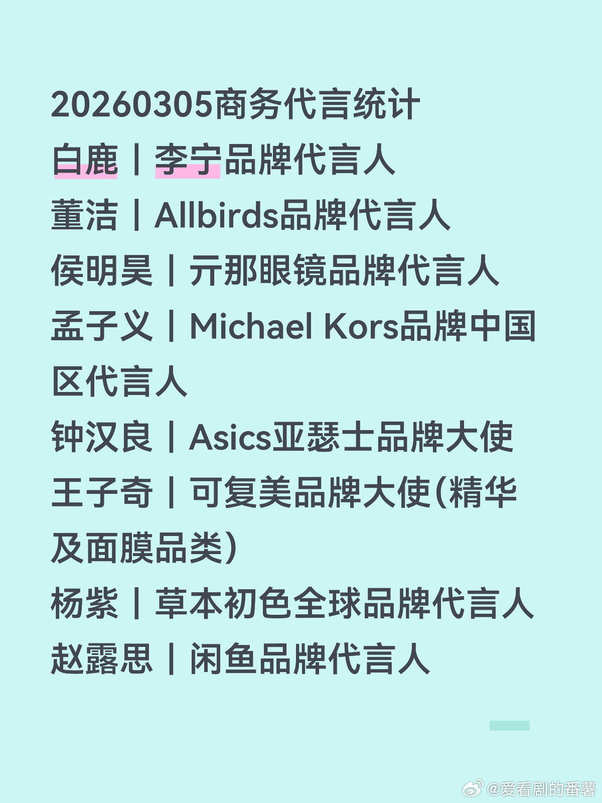 20260305商务代言统计白鹿｜李宁品牌代言人董洁｜Allbirds品牌代言人