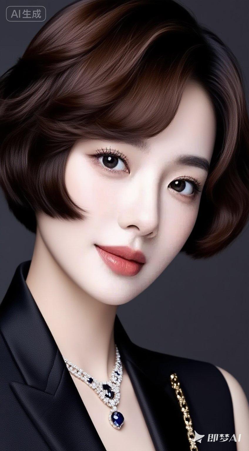 人美，棕黑色齐耳短发，微卷，大大的眼睛，双眼皮，高鼻梁，衣着时尚品牌，戴有饰品，