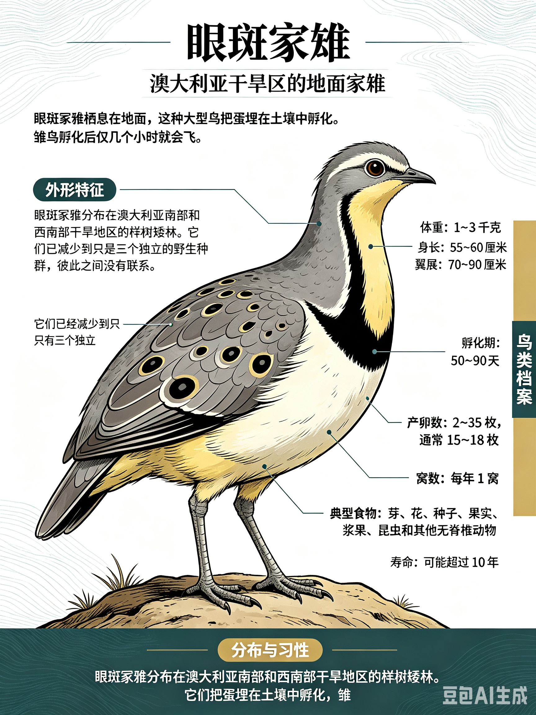 鸟类朋友图鉴眼斑冢雉眼斑冢雉栖息在地面，这种大型鸟把蛋埋在土壤中孵化。雏鸟孵化