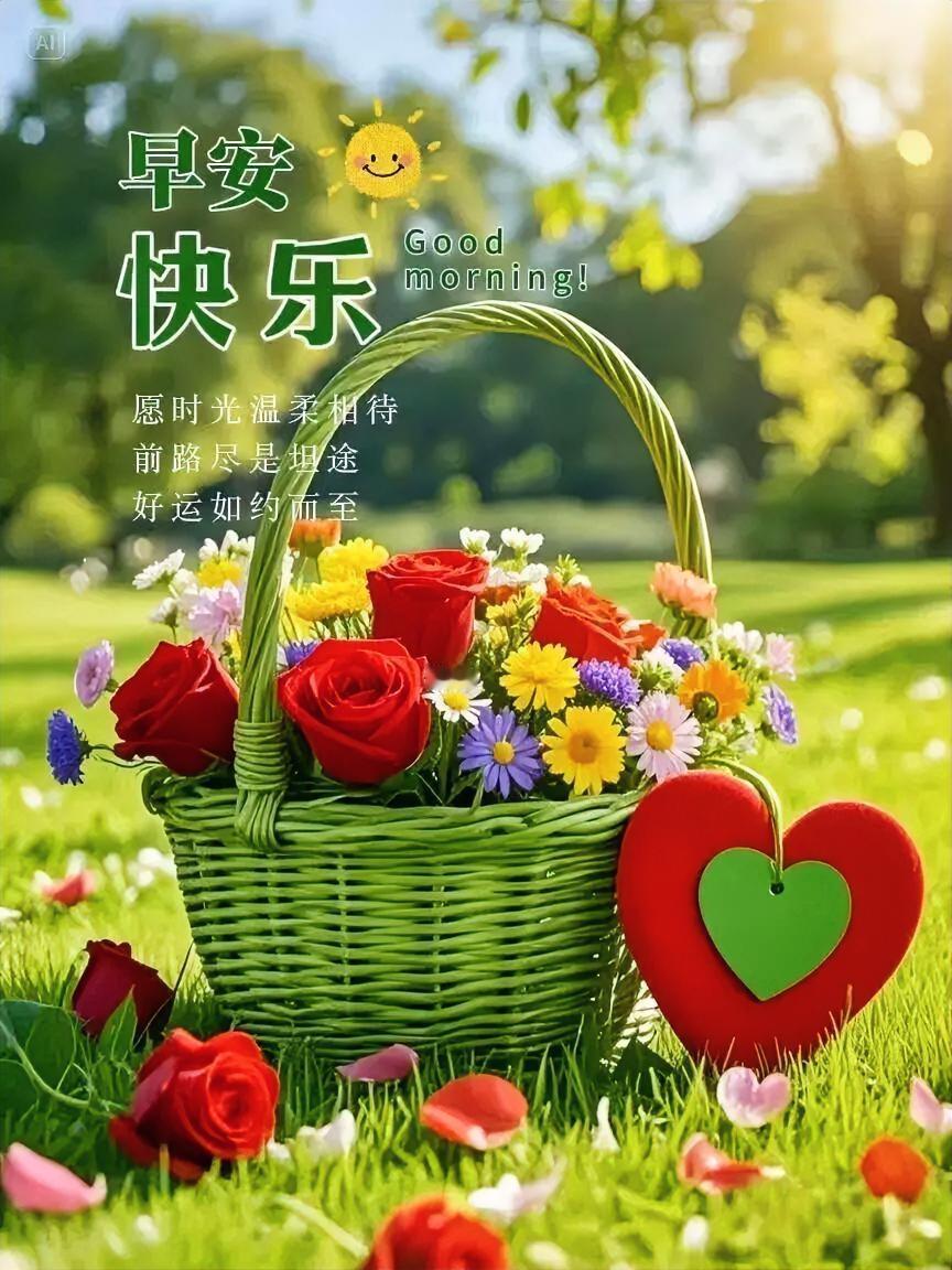 早安快乐！鲜花满篮，好运如约，愿你被温柔时光宠爱，前路坦途，笑容常在。