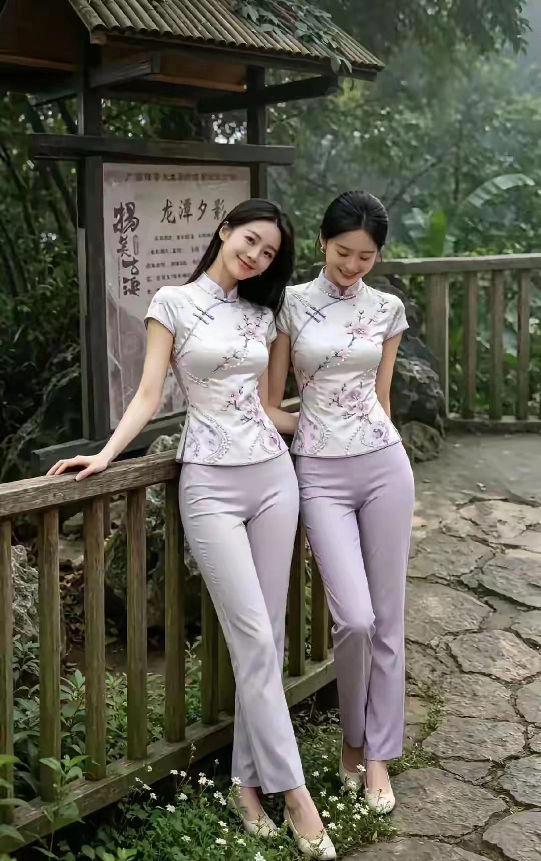 新中式姐妹穿搭｜淡紫国风，温柔入画！9:16竖幅，户外古风园林写真，两位气质温