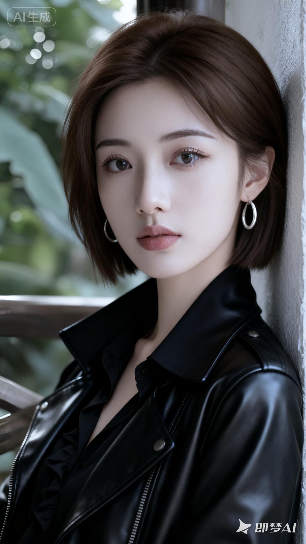 黑色皮衣搭配简约耳环，尽显酷炫与优雅！🔥💃