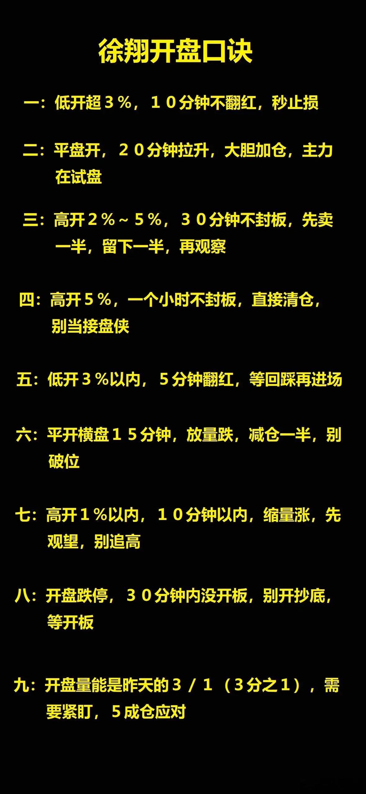 徐翔开盘口诀一：低开超３％，１０分钟不翻红，秒止损二：平盘开，２０分钟拉升，大胆