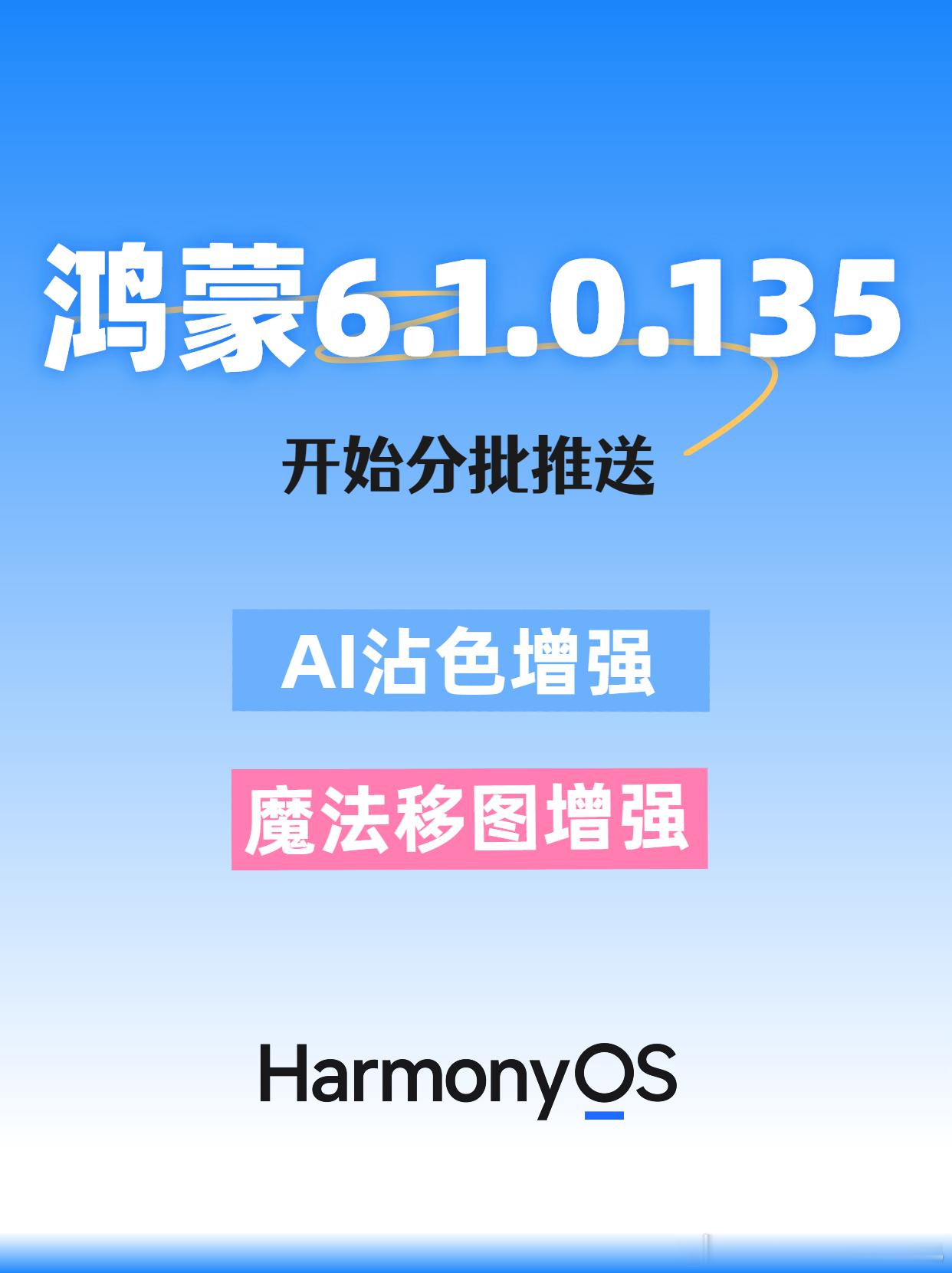 鸿蒙6.1.0.135开始分批推送了，新版本主要增强了AI沾色和魔法移图，以及一