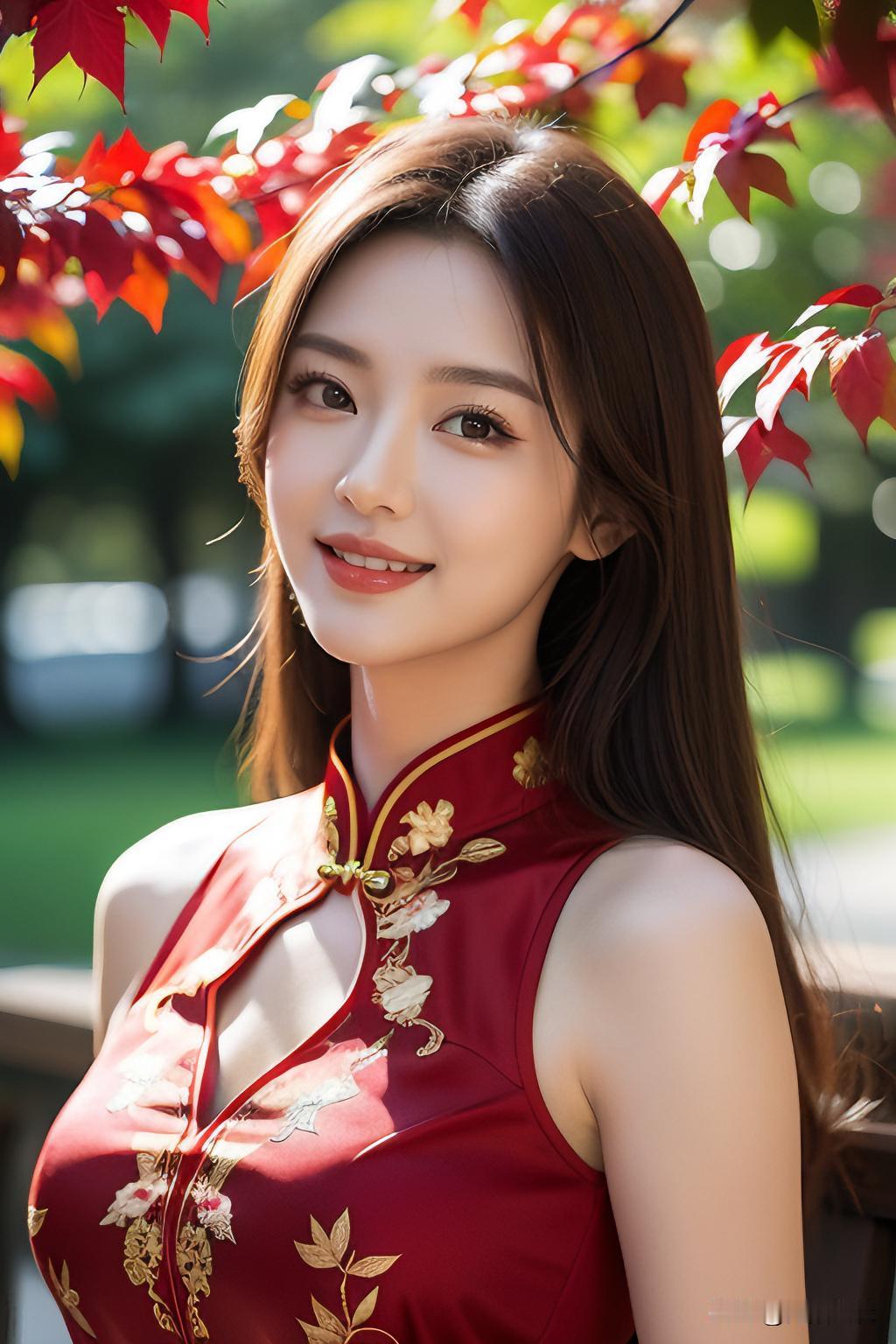 红衣美人倚秋叶，笑语盈盈意自闲。