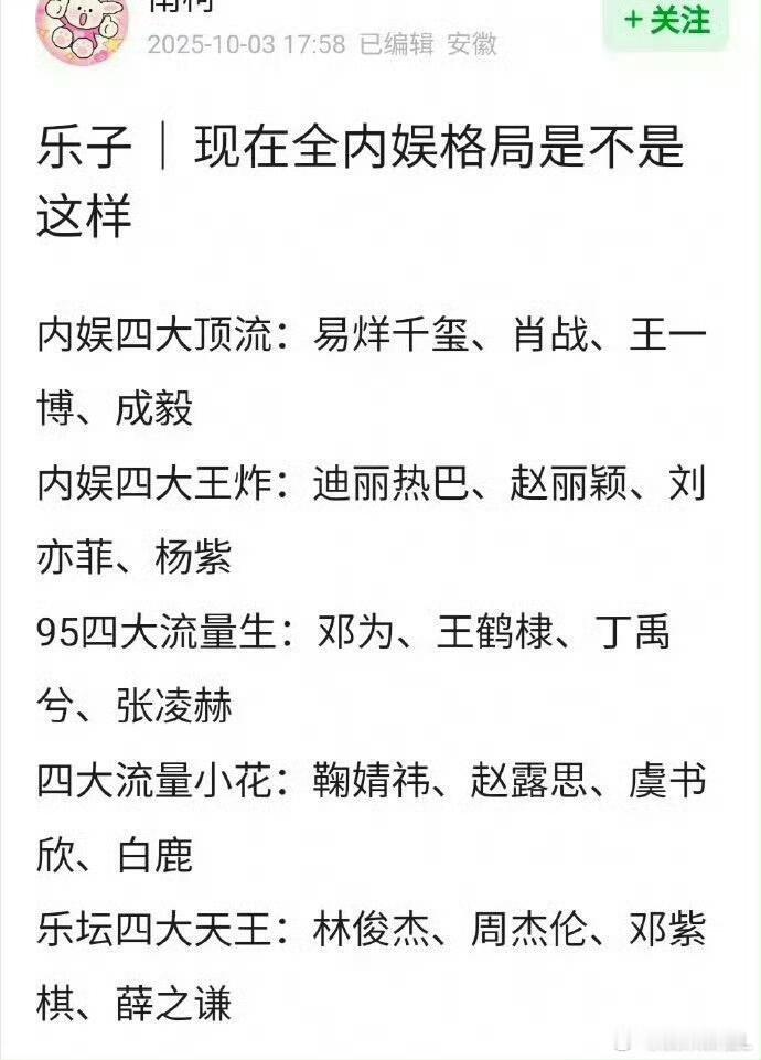 听说这是现在内娱四大？内娱四大顶流:易烊千玺、肖战、王一博、成毅内娱四大王炸:迪