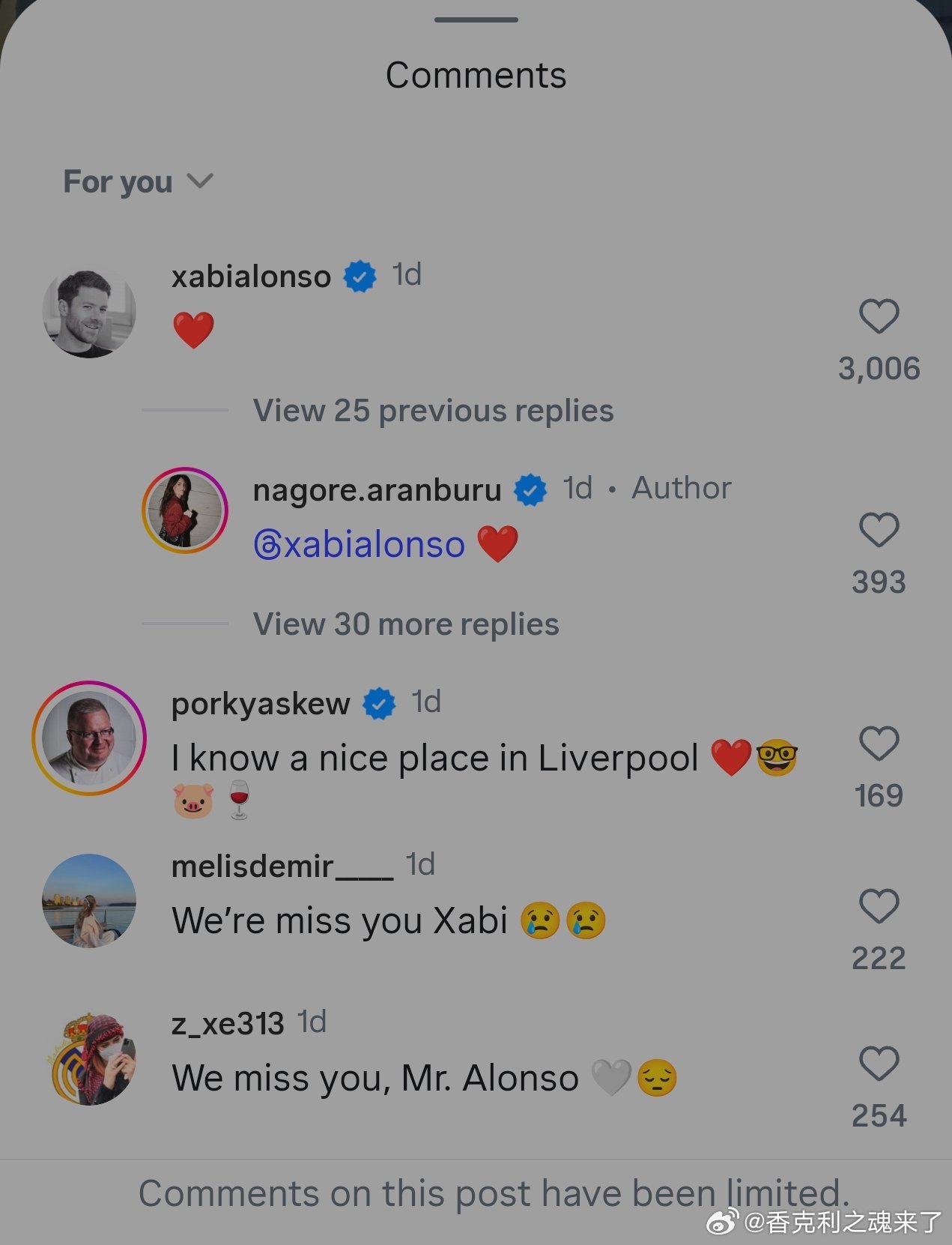 由于利物浦球迷不断评论，阿隆索的妻子不得不关闭她最近发布的帖子的评论功能