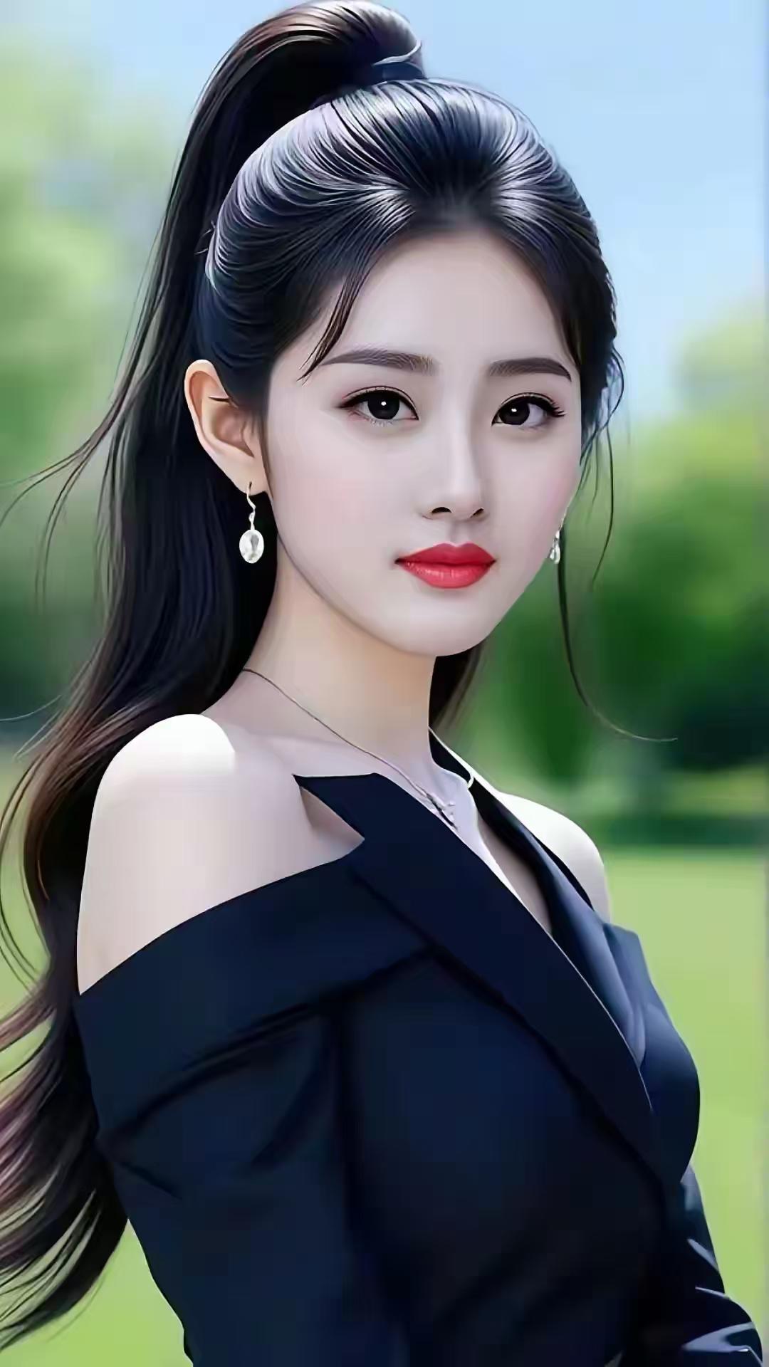 黑发高马尾，红唇配黑裙，清风拂面笑，气质如画中仙，美得让人移不开眼。