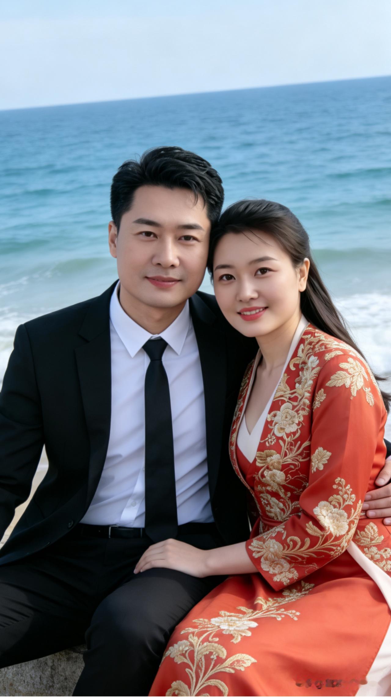 鹊桥仙·海畔双依潮声漫语，晴光织锦，海畔肩偎轻倚。红妆金绣映君衫，更胜却