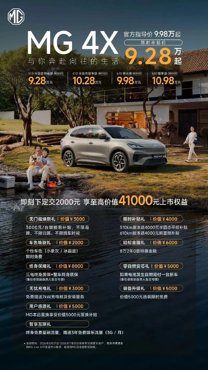 9.28万起，MG4X正式上市了！4个版本，有510km和610km两种续航