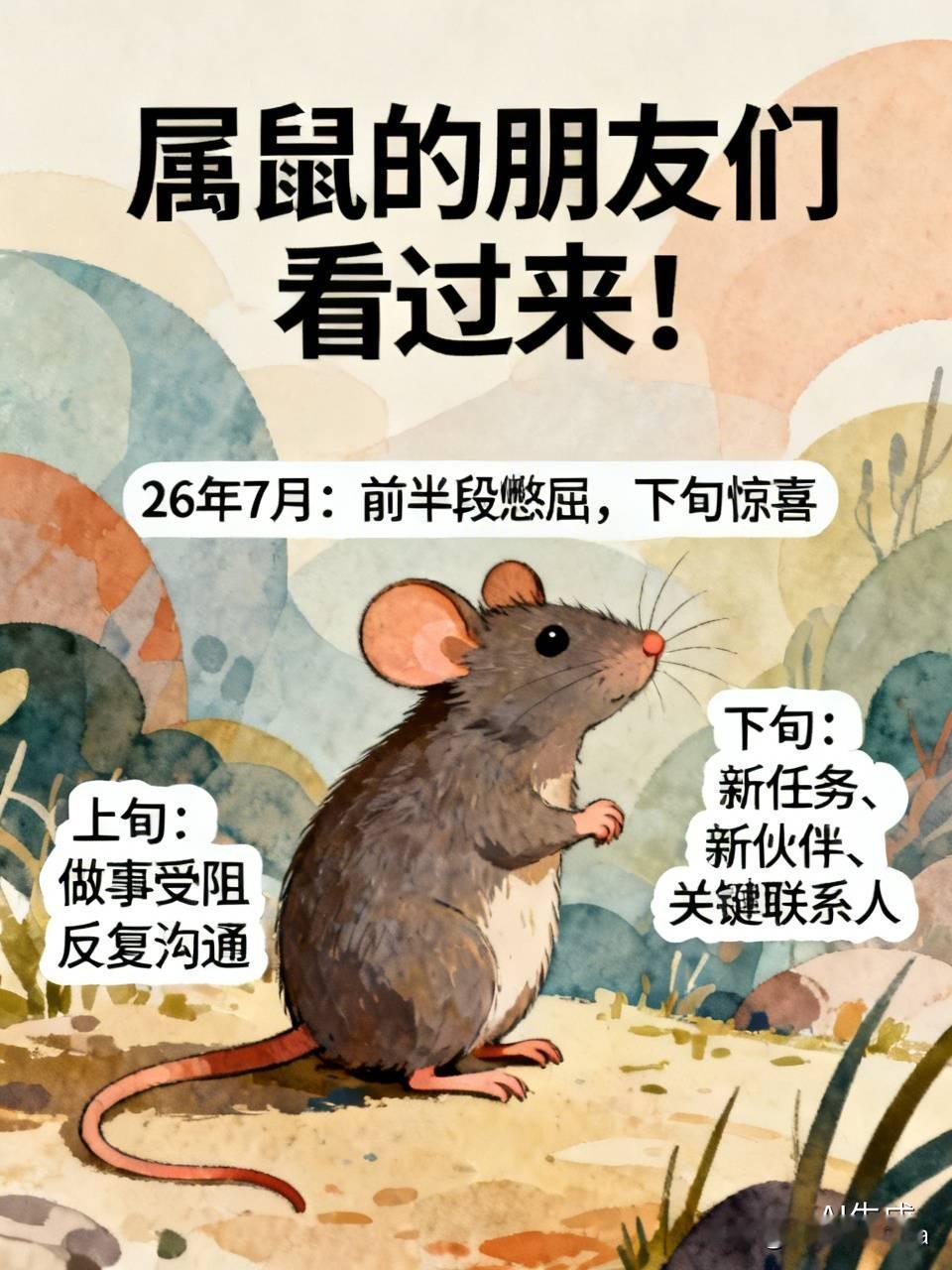 属鼠的朋友们看过来！26年7月，前半段过得有点憋屈。上旬做事就像被人使绊子，方案