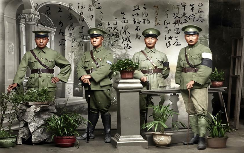 1925，炮兵2营营长陈诚（右二）与战友们身着规整军装的军人立于照相馆布景前，肩