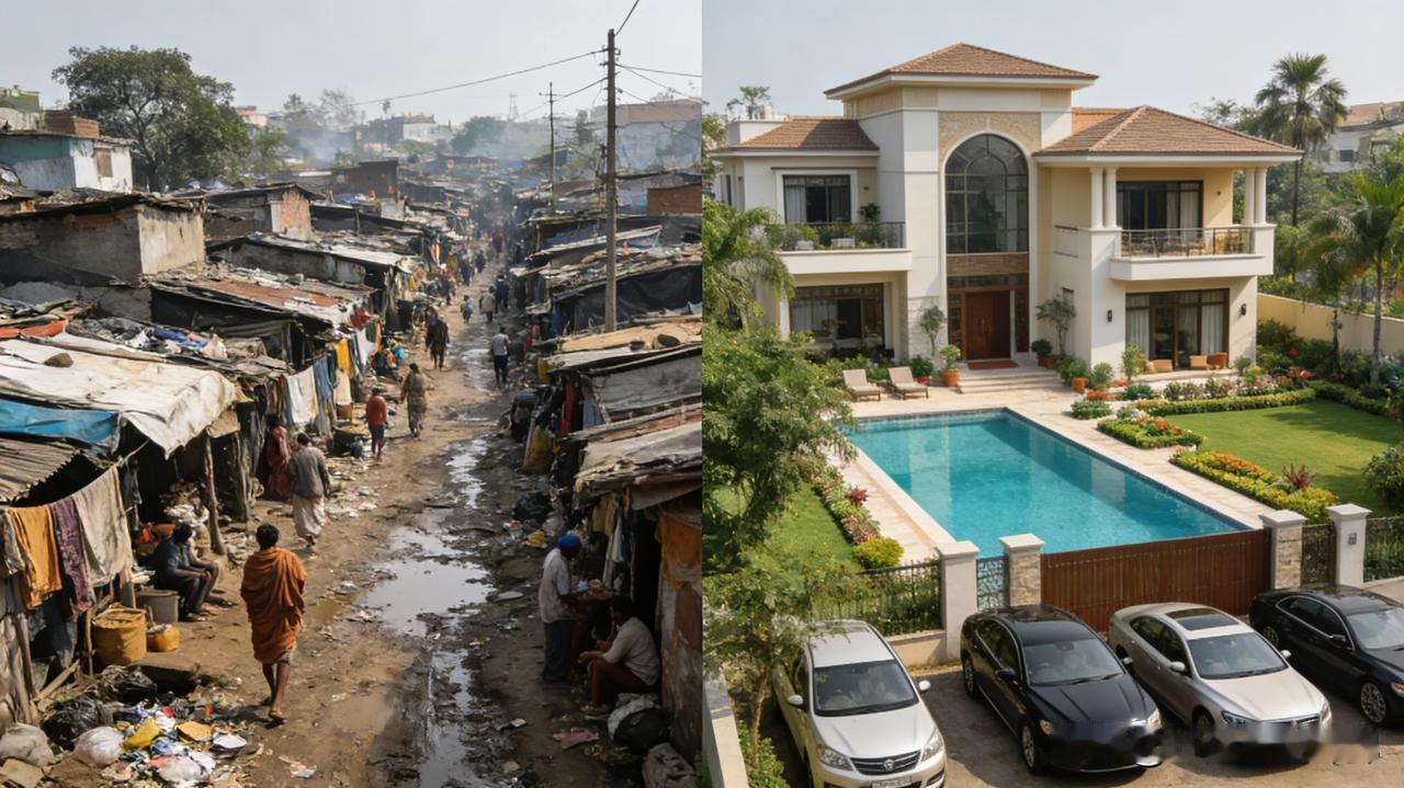 印度贫民窟VS有钱人别墅