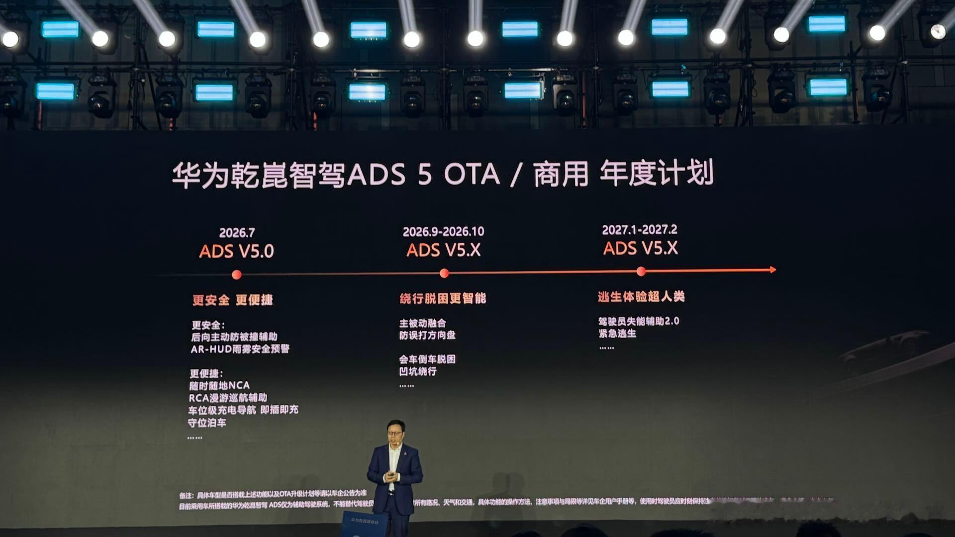 华为乾崑ADS5接下来将有3个大版本的更新，包括后向主动防碰撞、绕坑、失能2.