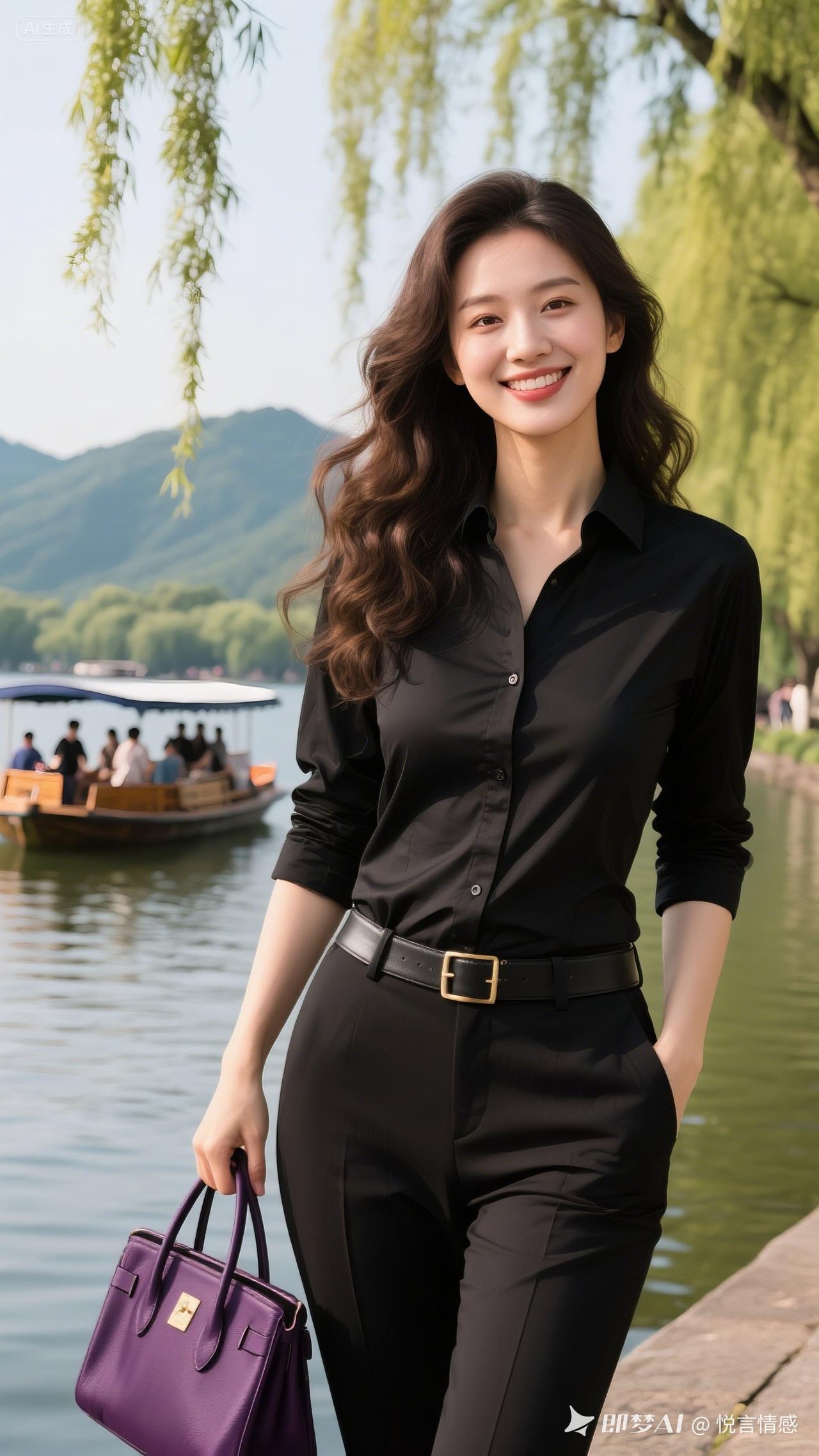 优雅黑衣女郎，漫步湖畔，尽显时尚魅力！👗💃🏻