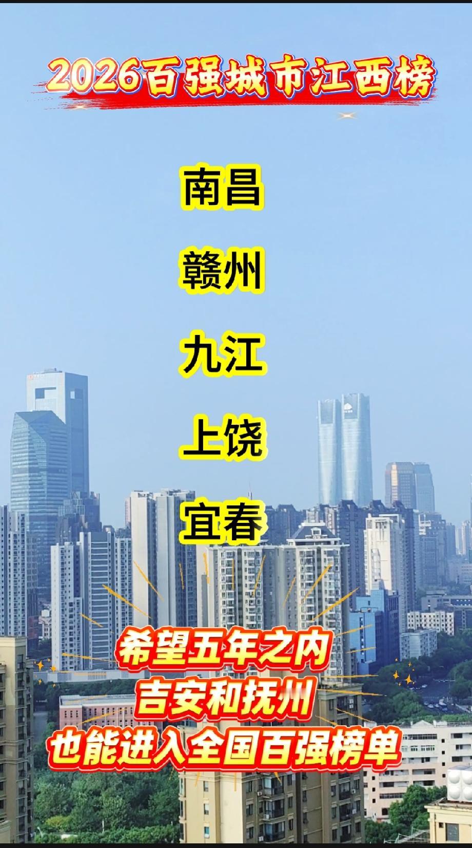 2026全国百强城市江西榜南昌赣州九江上饶宜春希望五年之内，吉安