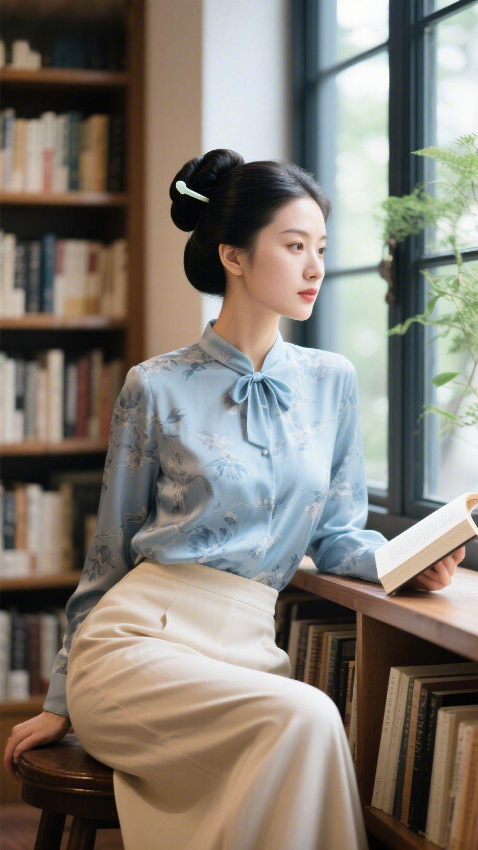 《书斋春浅》书页轻展时，风裹着窗外的草木气钻进来，落在浅蓝衫子的花影上。