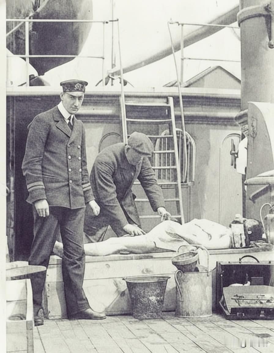 这张历史照片记录了泰坦尼克号沉没后打捞工作中的一个庄严肃穆的瞬间。照片显示，一名