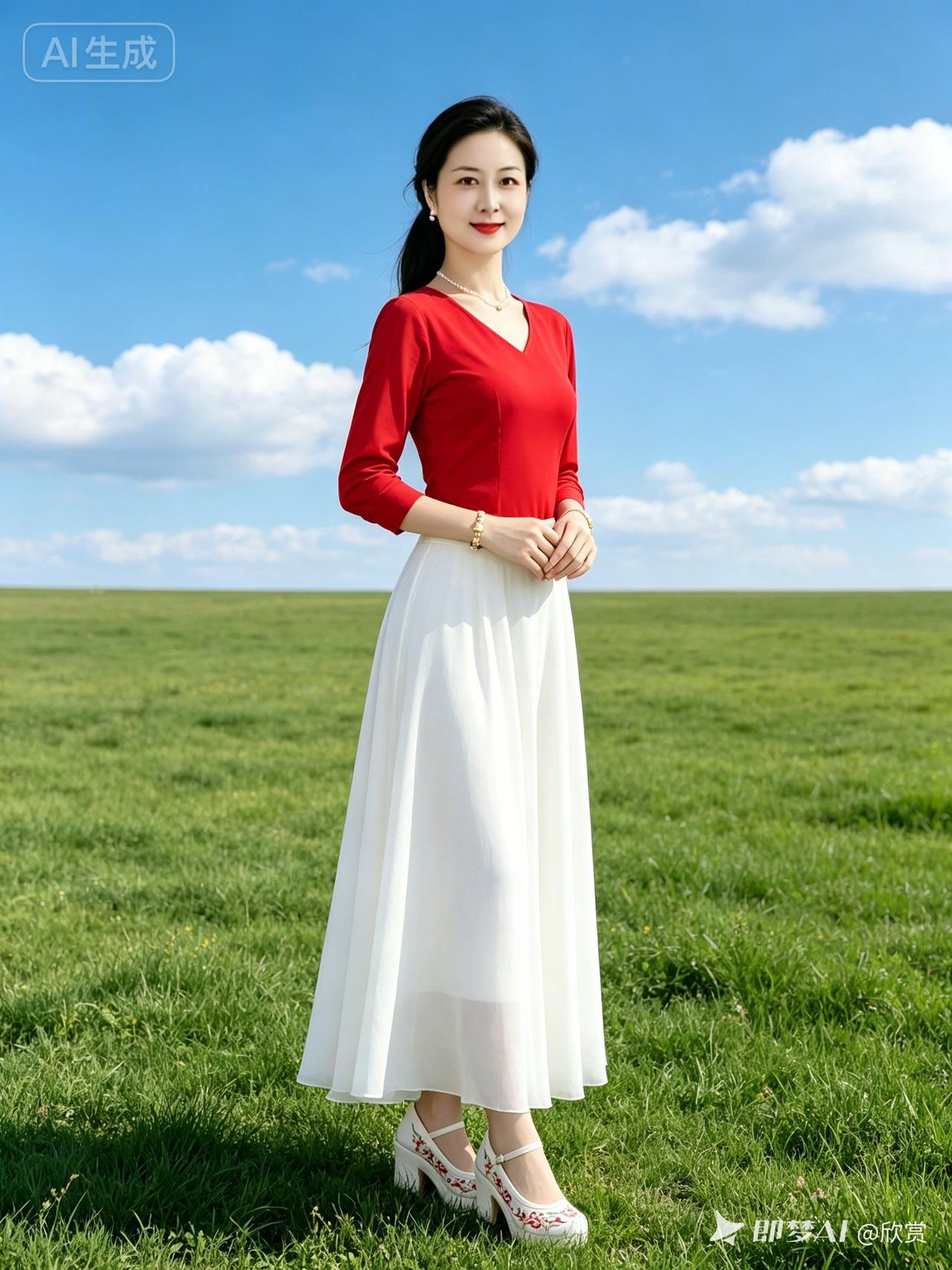原上佳人碧野连空天际远，白云舒卷任西东。红妆焕彩姿容秀，白袂凝烟步履雍。珠