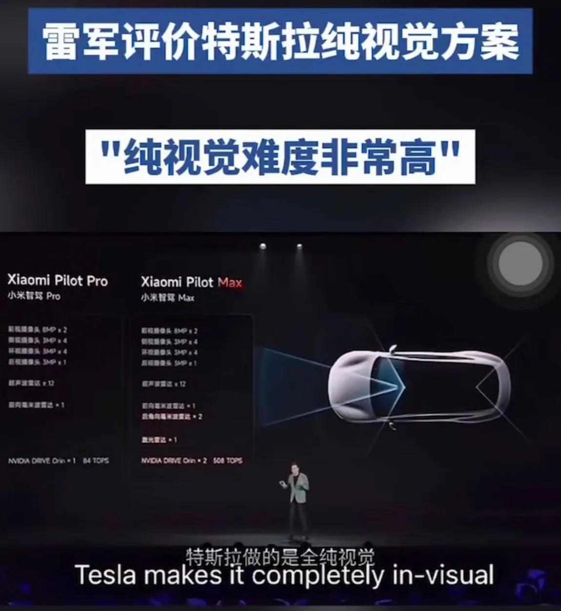这就是雷军的聪明之处，特斯拉用纯视觉方案，雷军会说纯视觉难度非常高。一副很佩