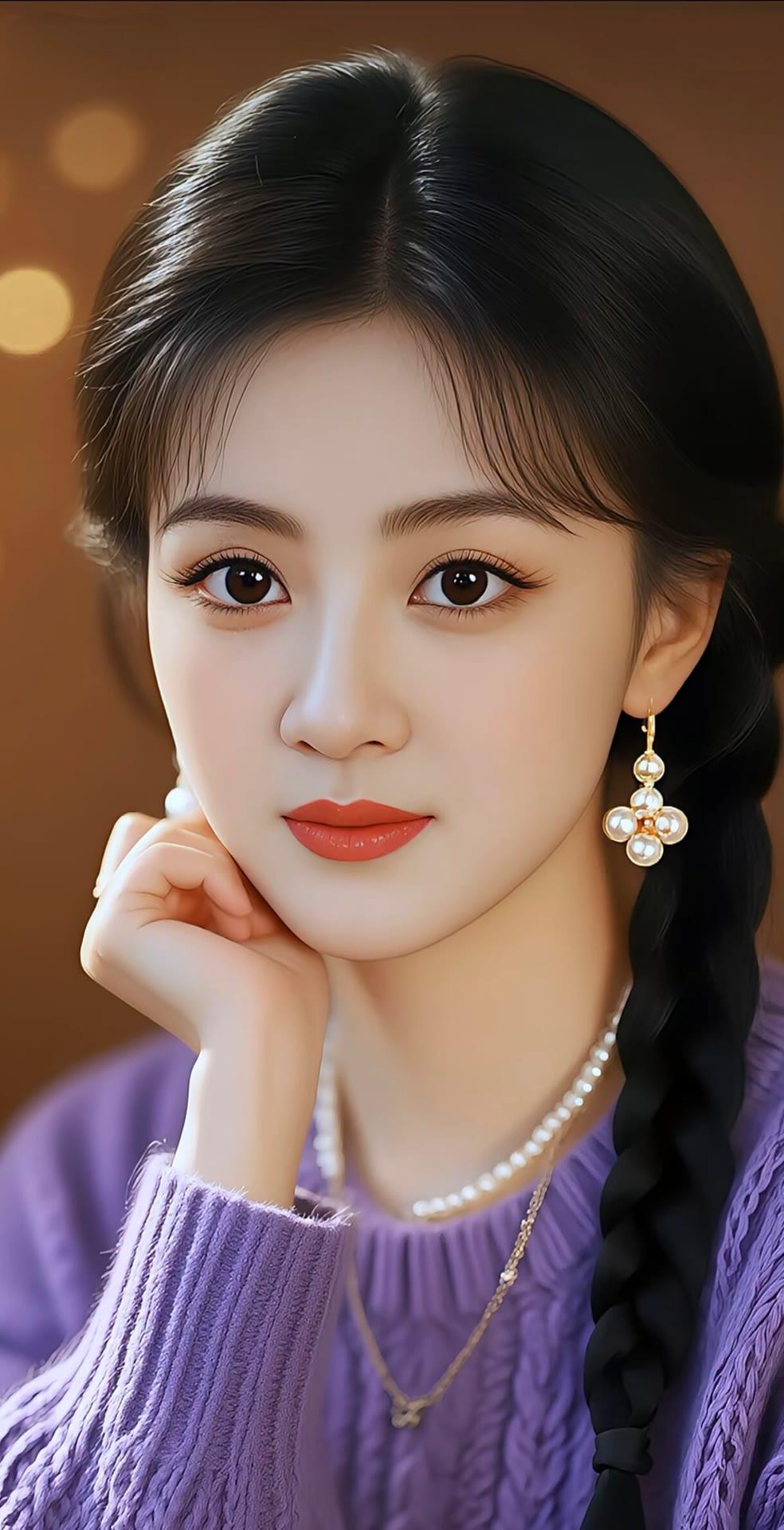 温柔甜美的少女，紫色毛衣搭配珍珠项链，优雅动人。